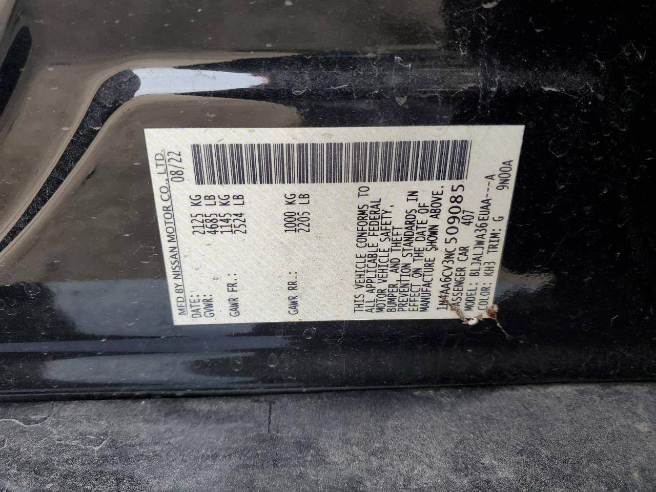 2022 NISSAN MAXIMA SV VIN:1N4AA6CV3NC509085
