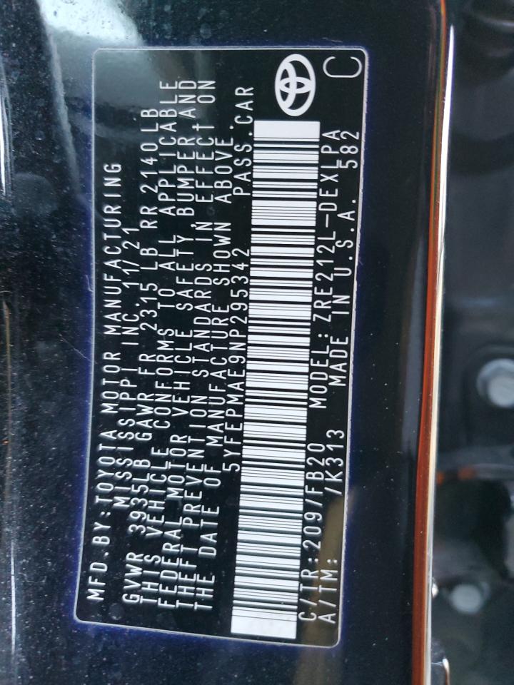 2022 TOYOTA COROLLA LE VIN:5YFEPMAE9NP295342