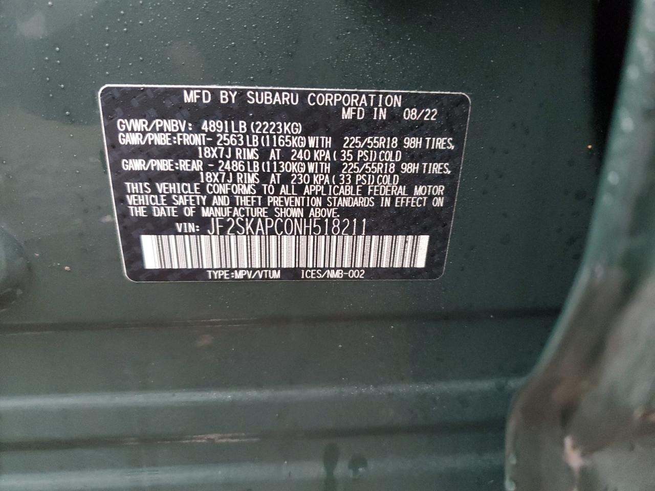 2022 SUBARU FORESTER LIMITED VIN:JF2SKAPC0NH518211