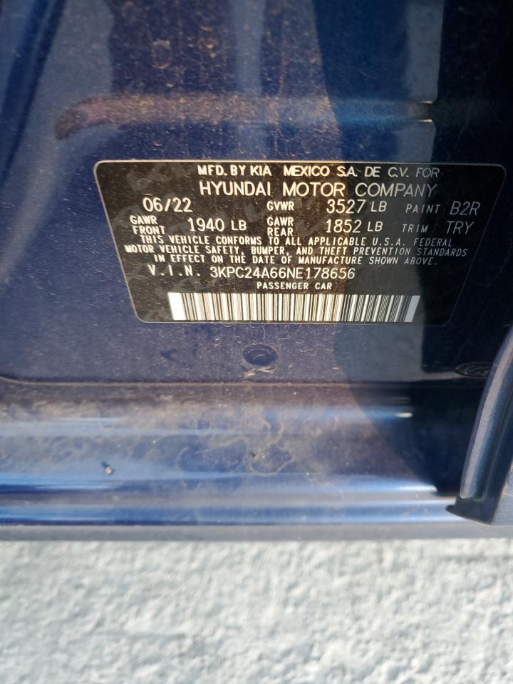 2022 HYUNDAI ACCENT SE VIN:3KPC24A66NE178656