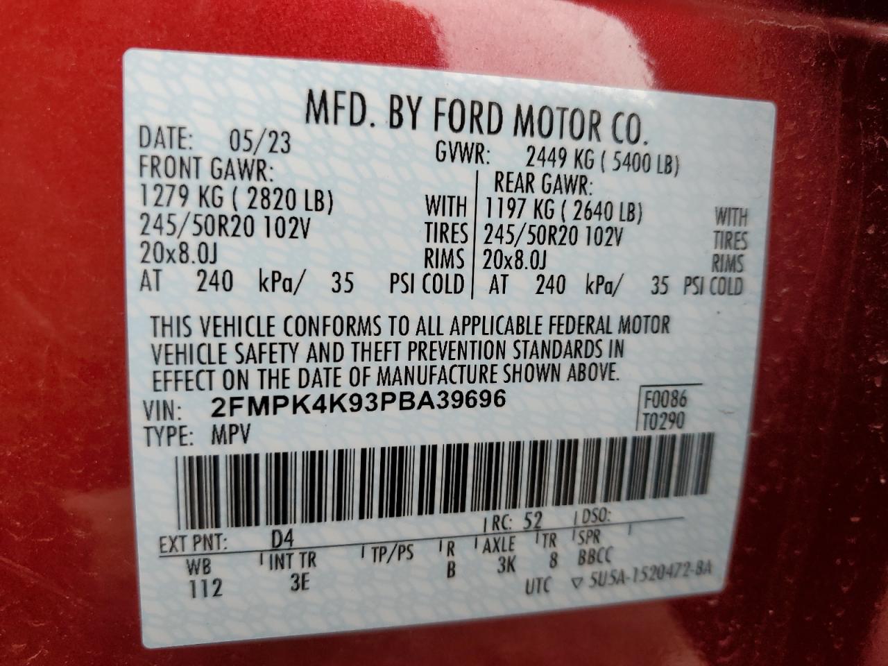 2023 FORD EDGE TITANIUM VIN:2FMPK4K93PBA39696