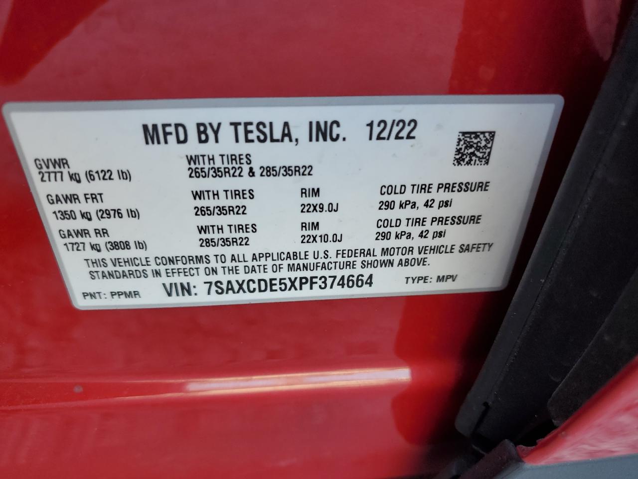 2023 TESLA MODEL X VIN:7SAXCDE5XPF374664