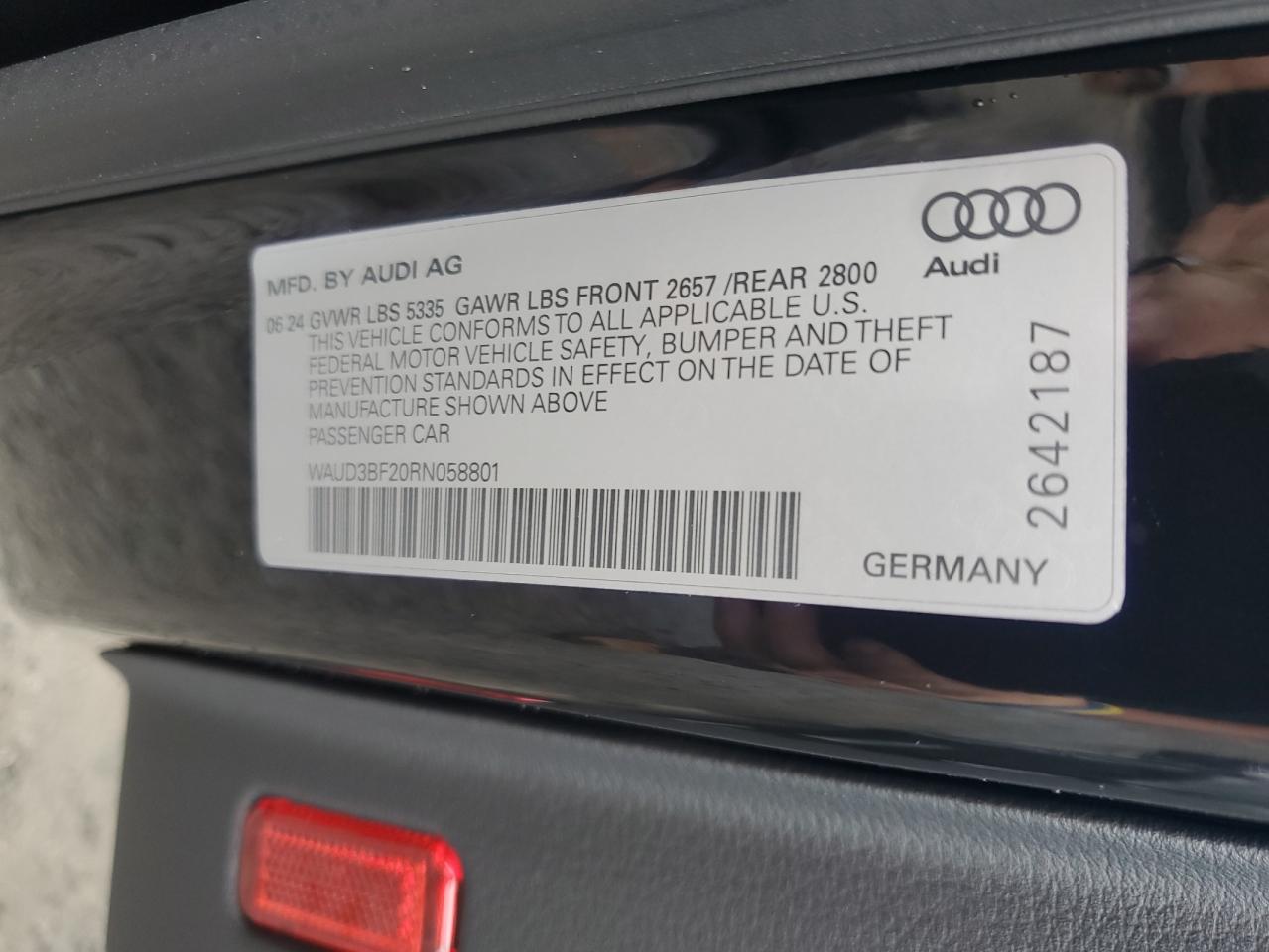2024 AUDI A6 PREMIUM VIN:WAUD3BF20RN058801
