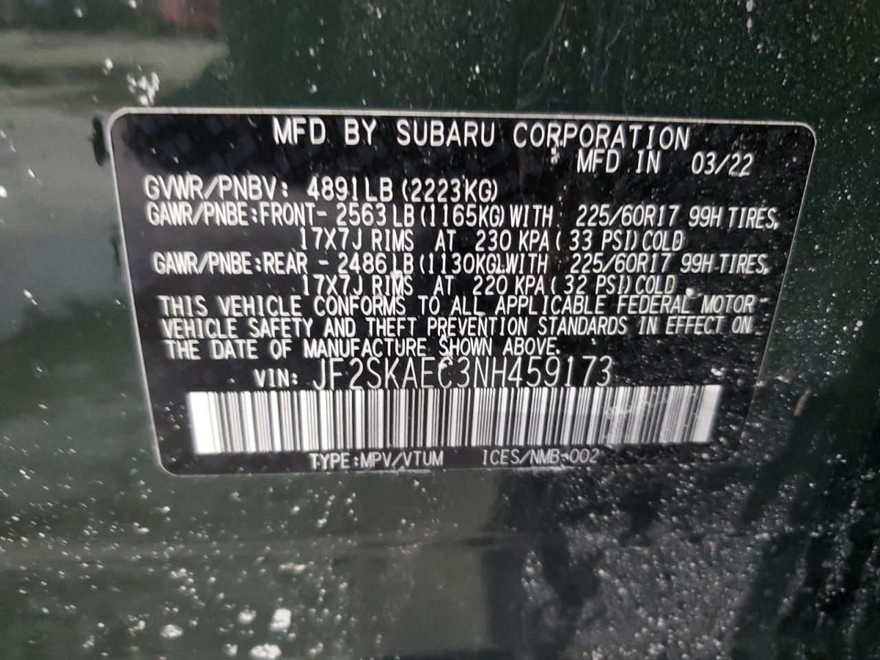 2022 SUBARU FORESTER PREMIUM VIN:JF2SKAEC3NH459173