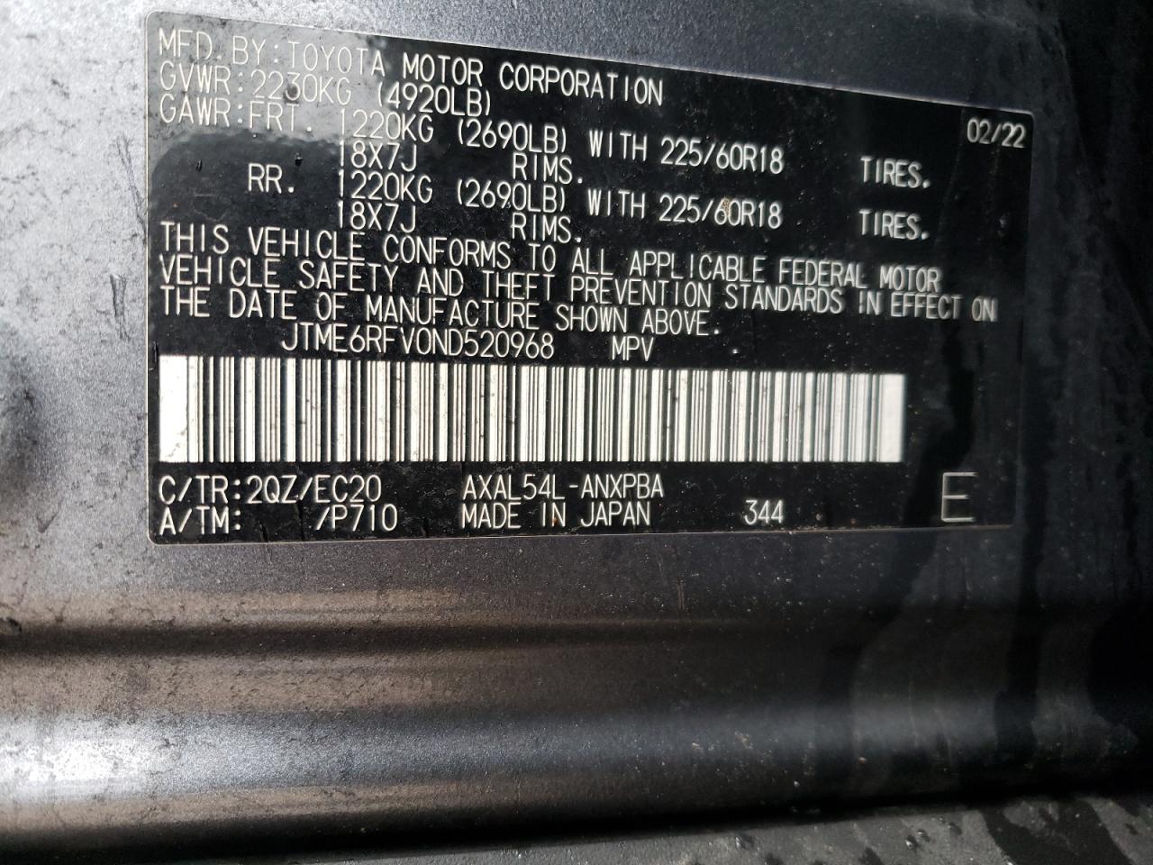 2022 TOYOTA RAV4 XSE VIN:JTME6RFV0ND520968