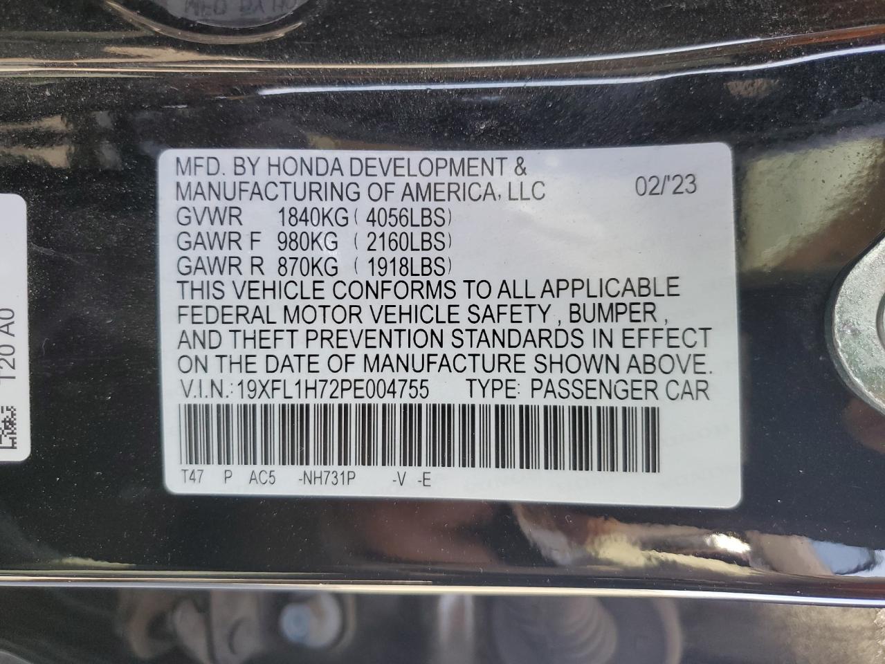 2023 HONDA CIVIC EXL VIN:19XFL1H72PE004755