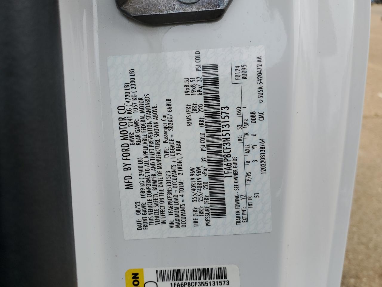 2022 FORD MUSTANG GT VIN:1FA6P8CF3N5131573