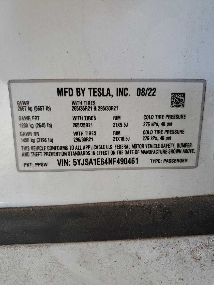 2022 TESLA MODEL S VIN:5YJSA1E64NF490461