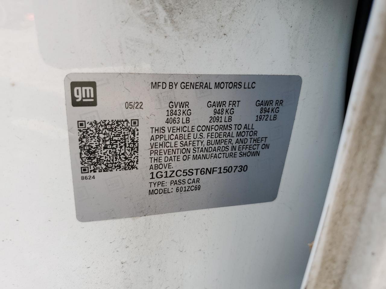 2022 CHEVROLET MALIBU LS VIN:1G1ZC5ST6NF150730