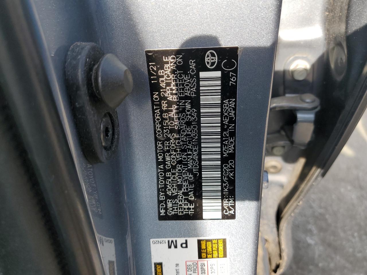 2022 TOYOTA COROLLA SE VIN:JTDS4MCE1N3501349