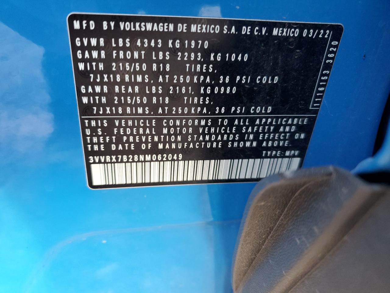 2022 VOLKSWAGEN TAOS SE VIN:3VVRX7B28NM062049