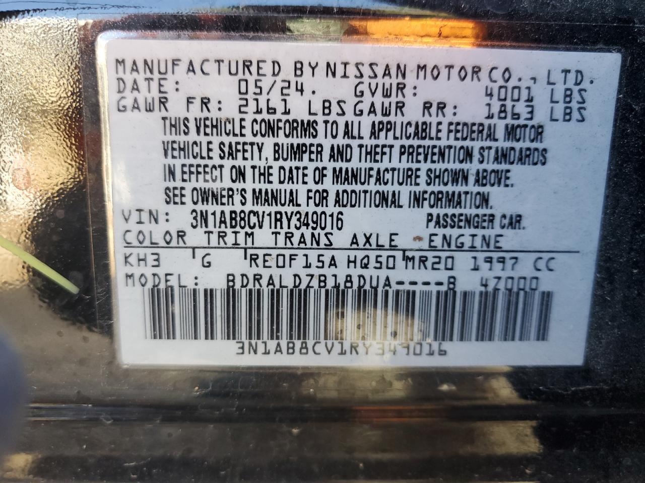 2024 NISSAN SENTRA SV VIN:3N1AB8CV1RY349016