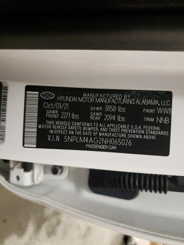 2022 HYUNDAI ELANTRA SEL VIN:5NPLM4AG2NH065026