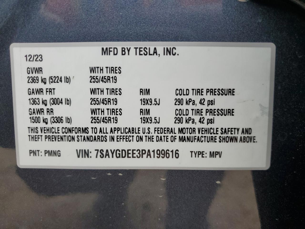 2023 TESLA MODEL Y VIN:7SAYGDEE3PA199616