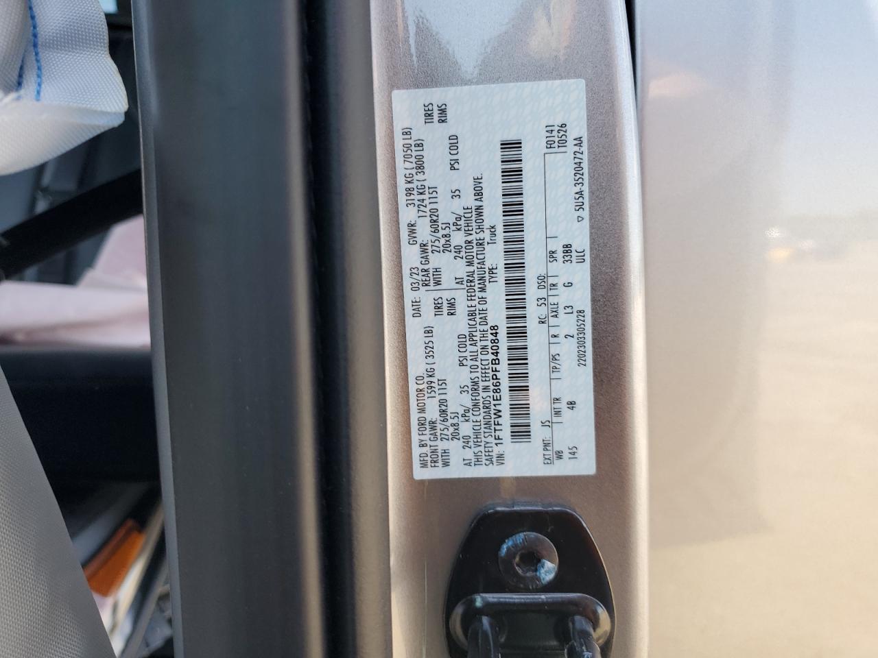 2023 FORD F150 SUPERCREW VIN:1FTFW1E86PFB40848