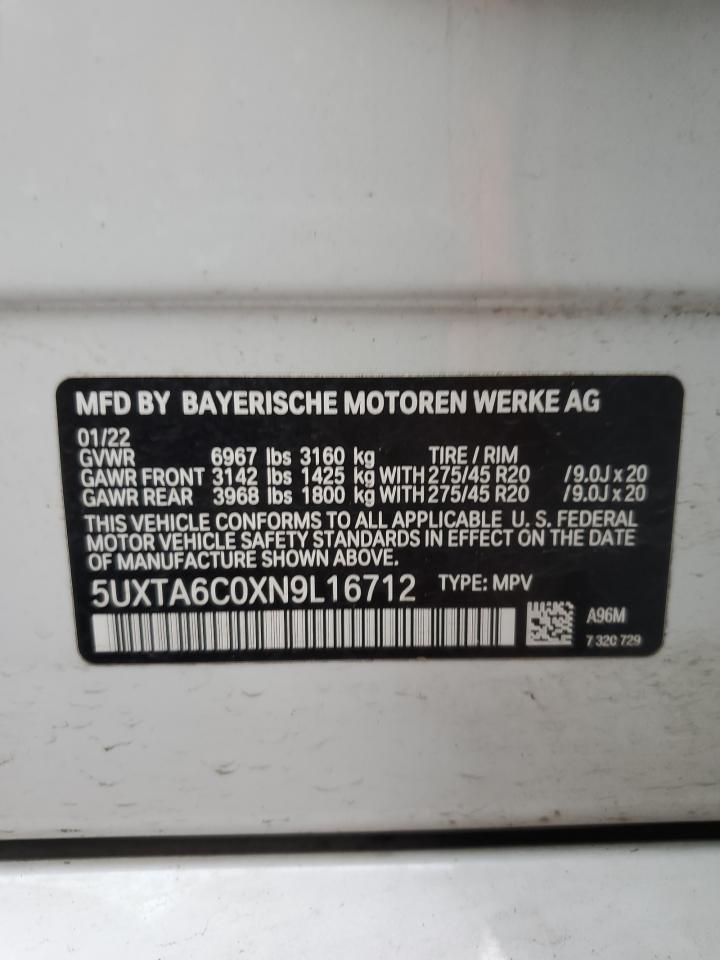 2022 BMW X5 XDRIVE45E VIN:5UXTA6C0XN9L16712