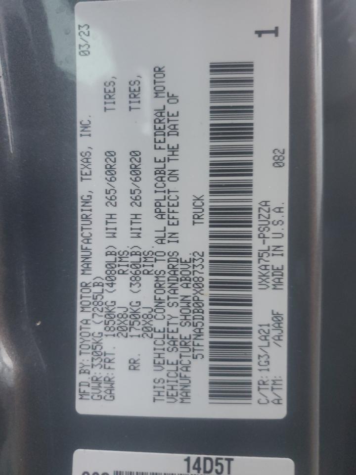 2023 TOYOTA TUNDRA CREWMAX PLATINUM VIN:5TFNA5DB0PX087332