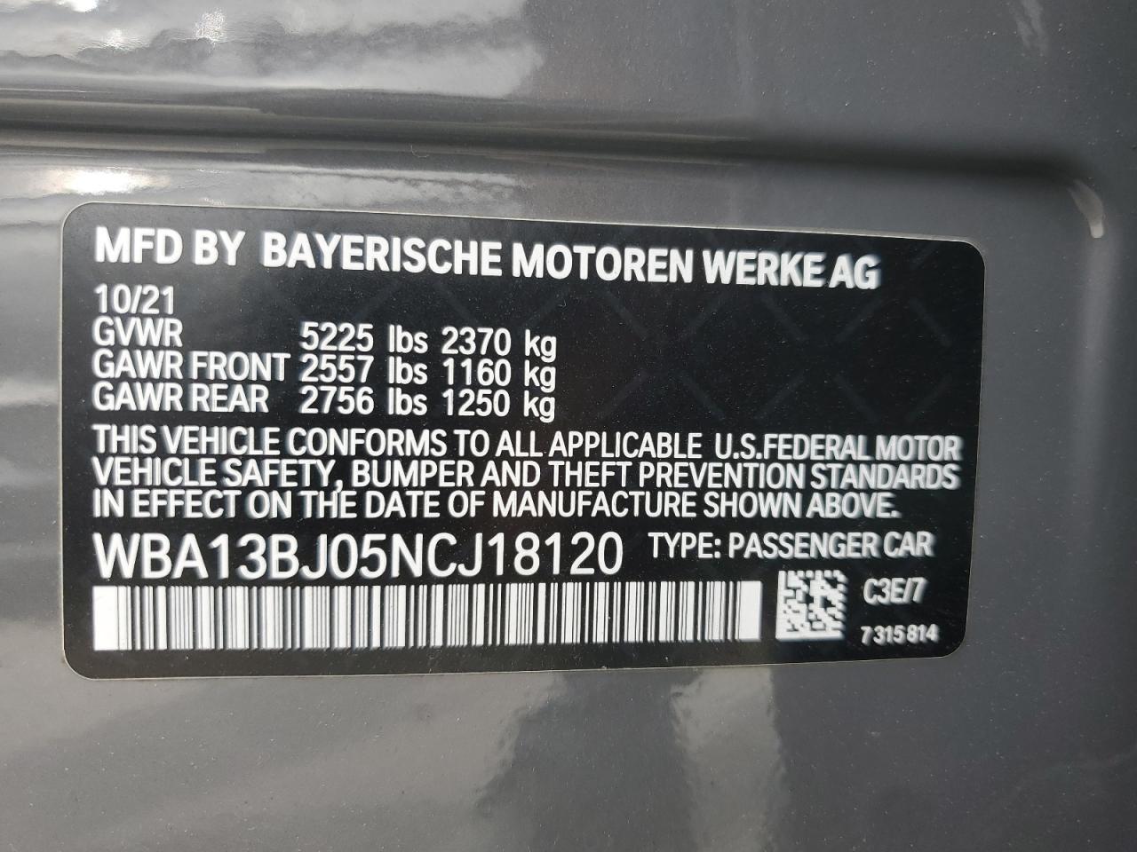 2022 BMW 530 XI VIN:WBA13BJ05NCJ18120