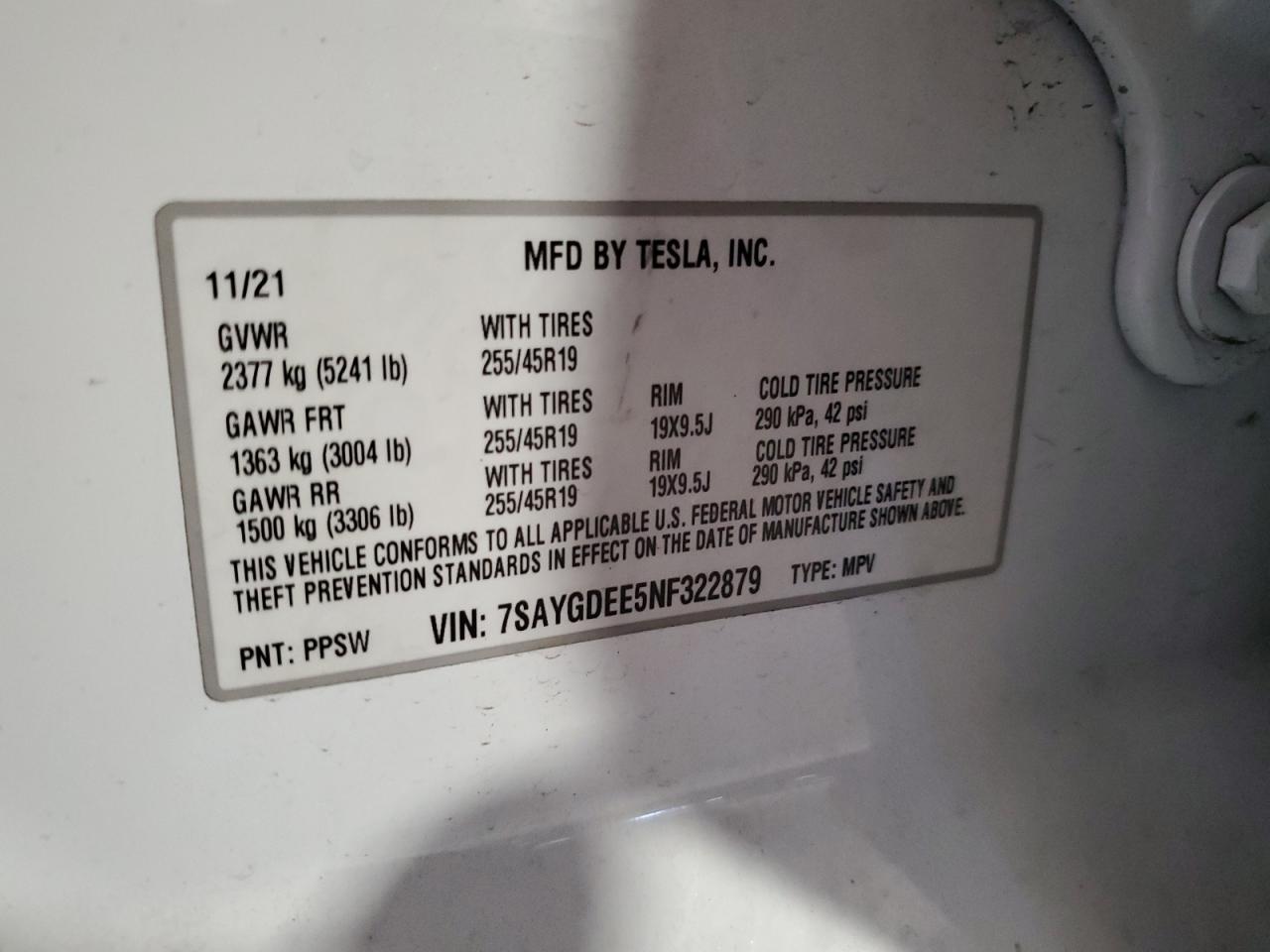 2022 TESLA MODEL Y VIN:7SAYGDEE5NF322879
