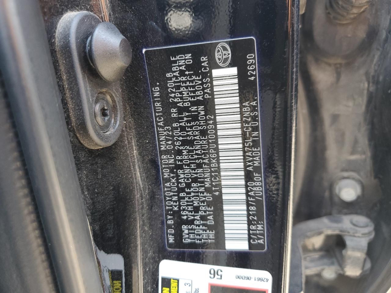 2023 TOYOTA CAMRY LE VIN:4T1C11BK6PU100942