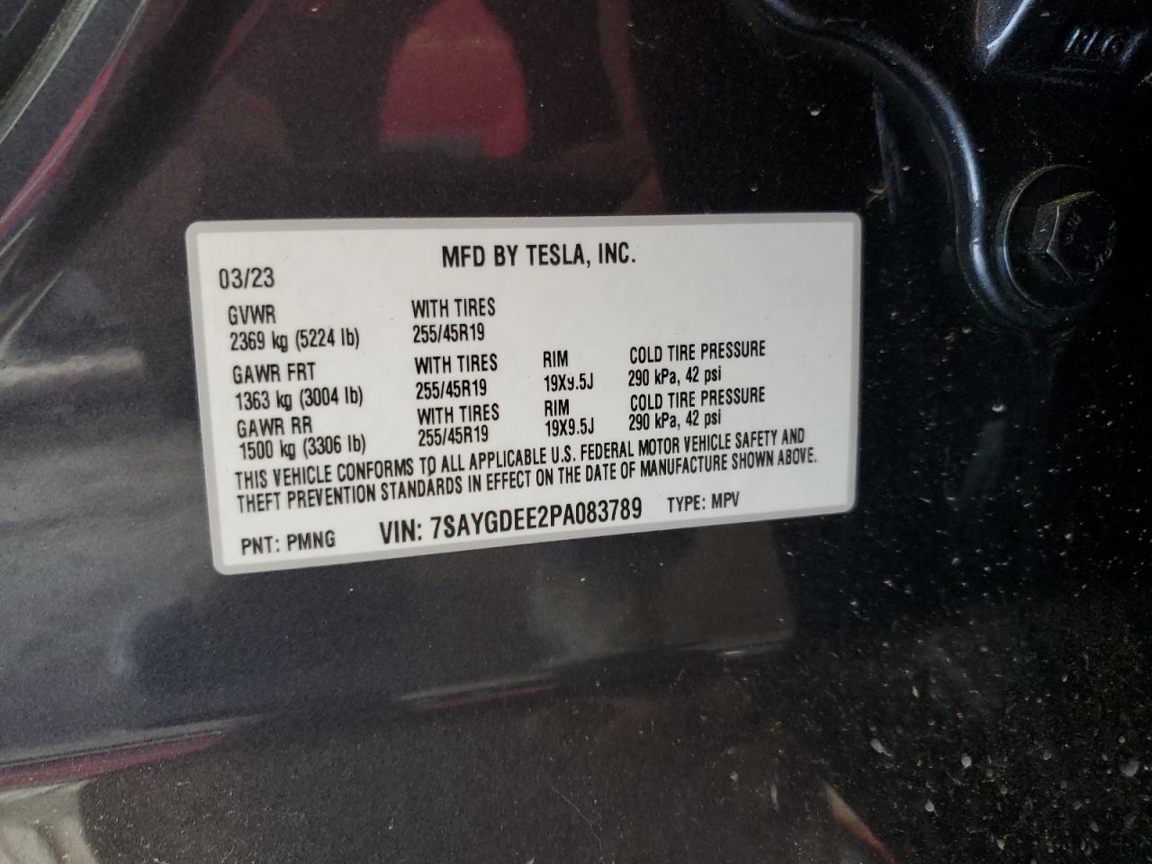 2023 TESLA MODEL Y VIN:7SAYGDEE2PA083789