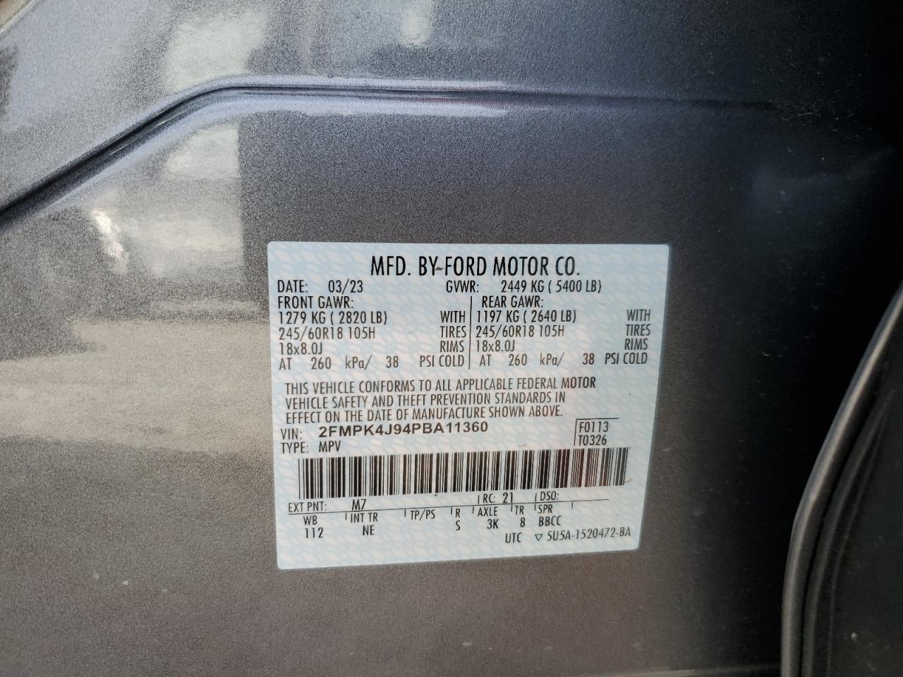 2023 FORD EDGE SEL VIN:2FMPK4J94PBA11360