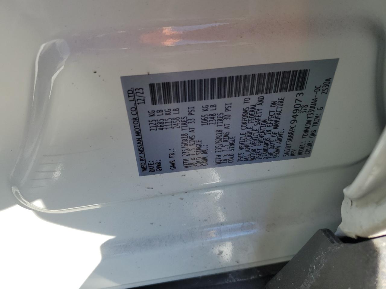 2023 NISSAN ROGUE SV VIN:5N1BT3BB8PC949073