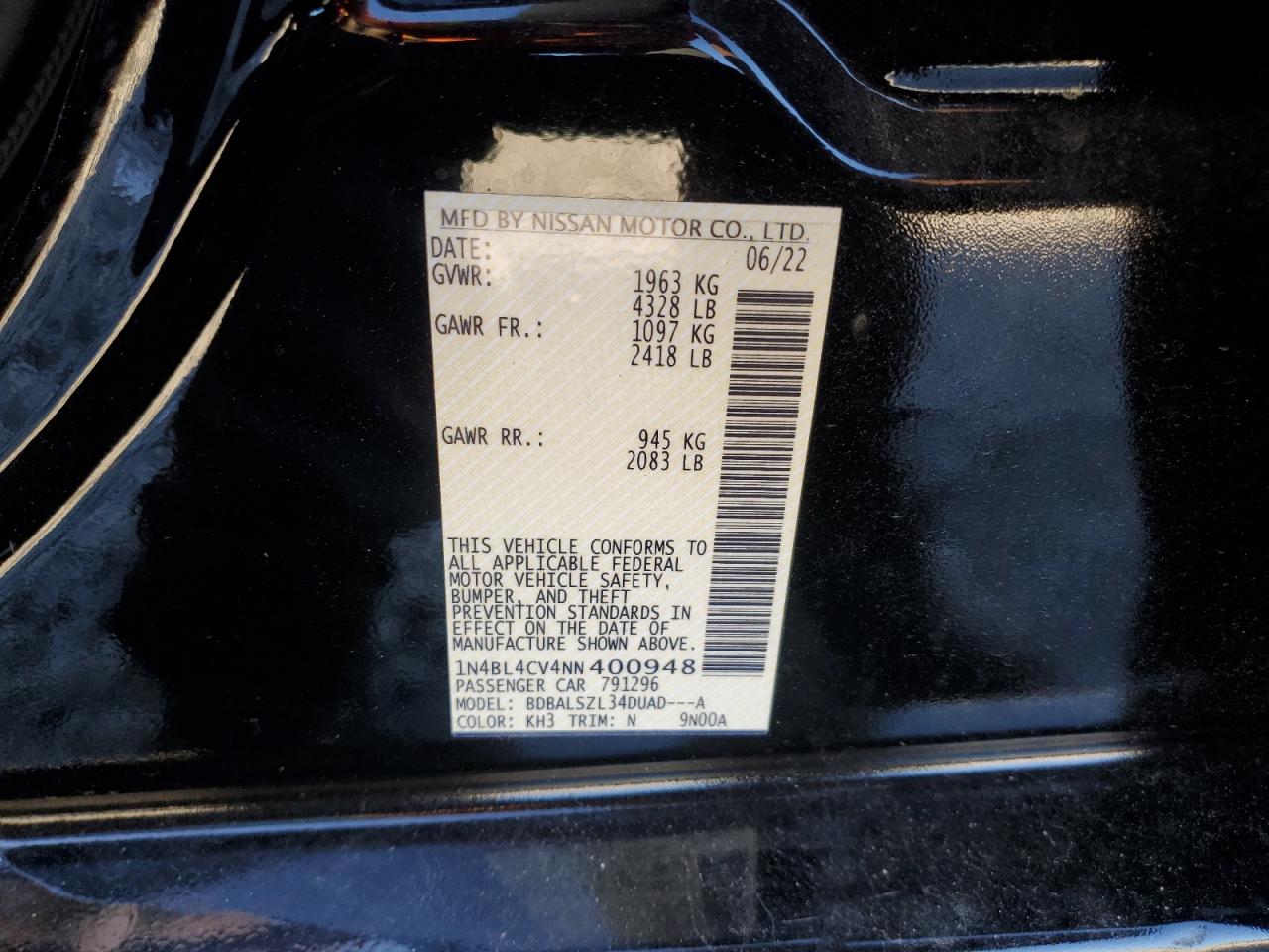 2022 NISSAN ALTIMA SR VIN:1N4BL4CV4NN400948