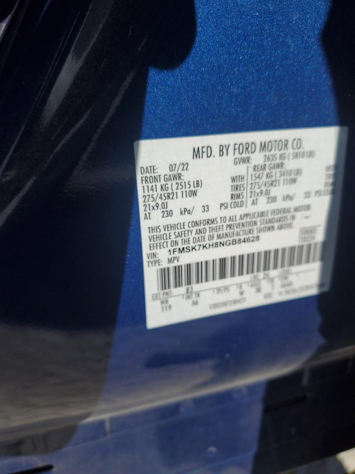 2022 FORD EXPLORER ST-LINE VIN:1FMSK7KH8NGB84628