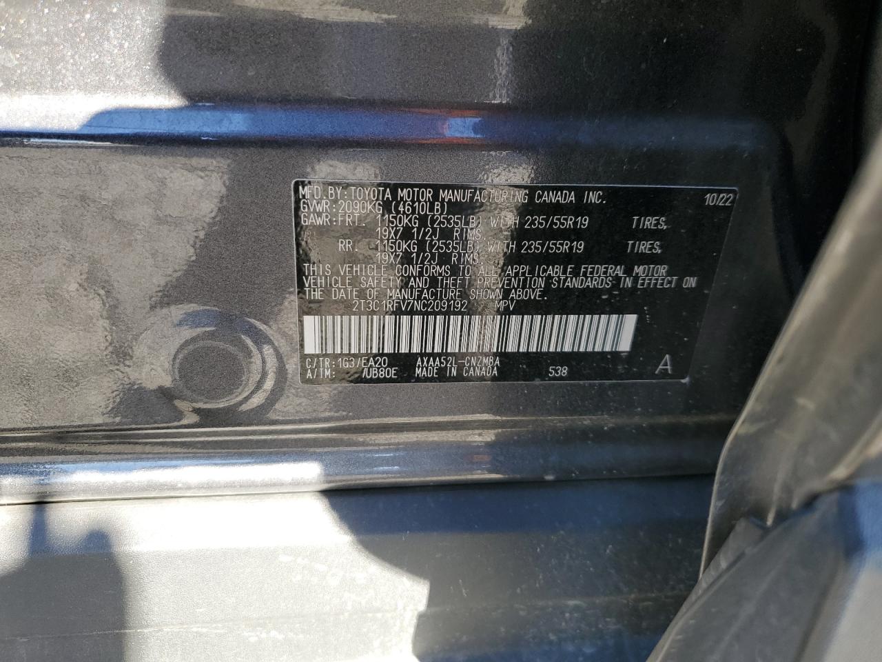 2022 TOYOTA RAV4 XLE PREMIUM VIN:2T3C1RFV7NC209192