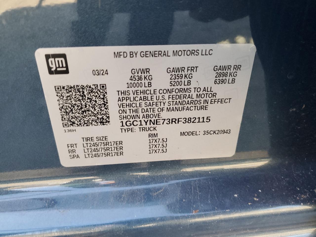 2024 CHEVROLET SILVERADO K2500 HEAVY DUTY LT VIN:1GC1YNE73RF382115