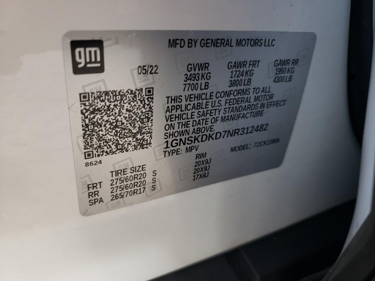 2022 CHEVROLET SUBURBAN K1500 Z71 VIN:1GNSKDKD7NR312482