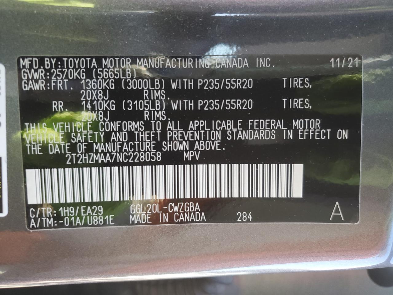 2022 LEXUS RX 350 VIN:2T2HZMAA7NC228058