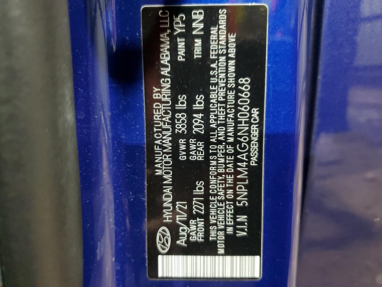 2022 HYUNDAI ELANTRA SEL VIN:5NPLM4AG6NH060668