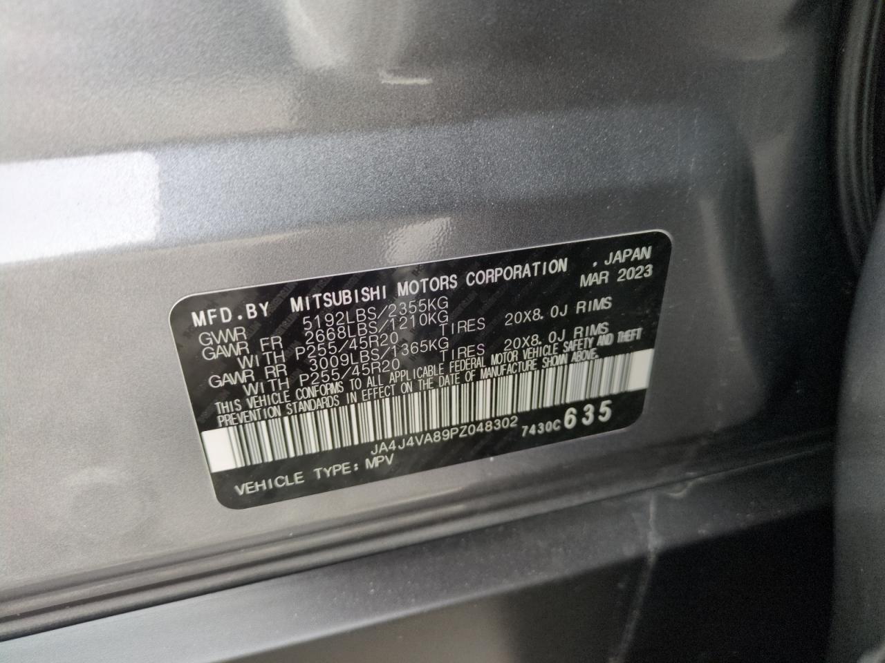 2023 MITSUBISHI OUTLANDER SEL VIN:JA4J4VA89PZ048302