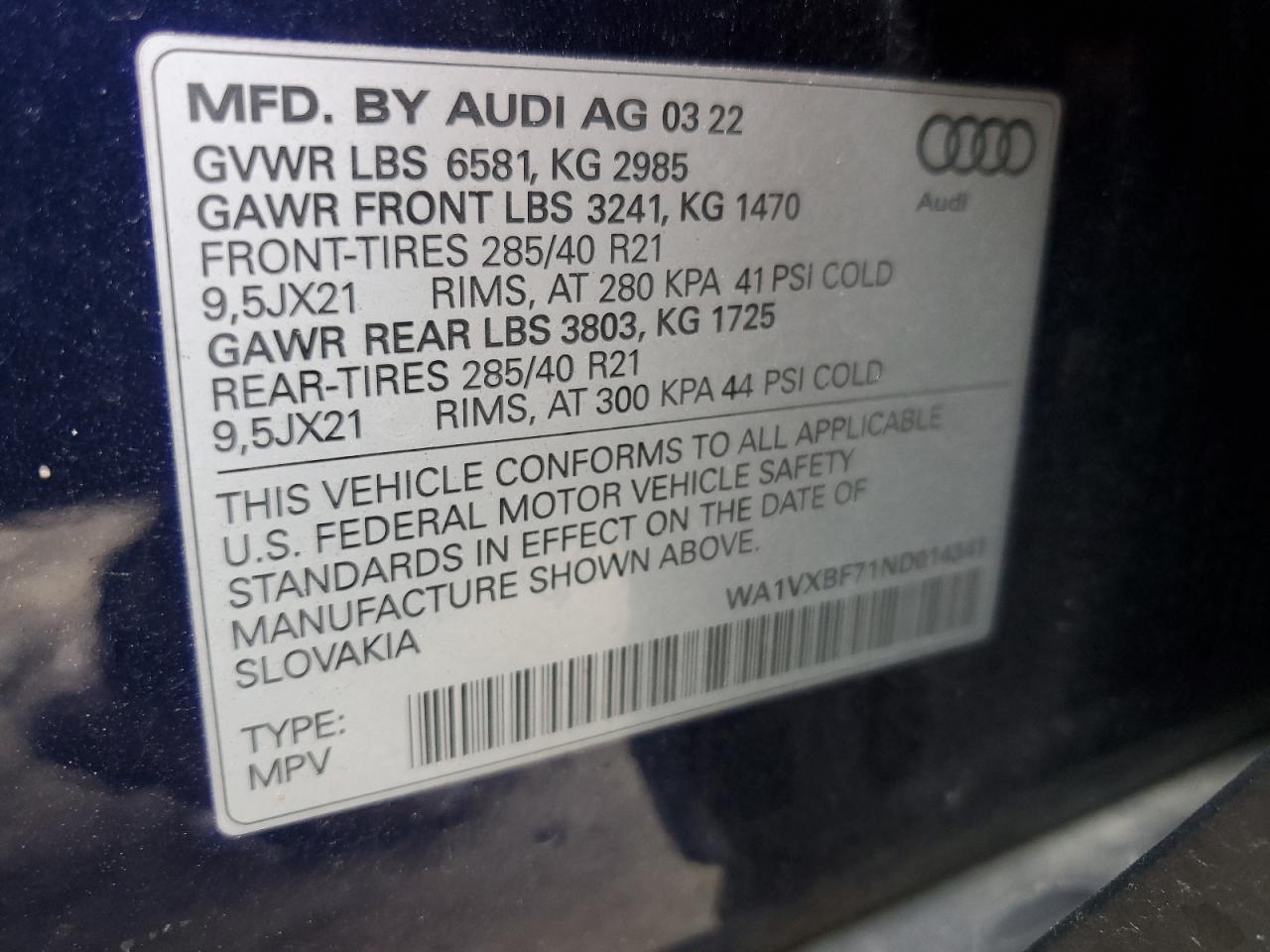 2022 AUDI Q7 PRESTIGE VIN:WA1VXBF71ND014341