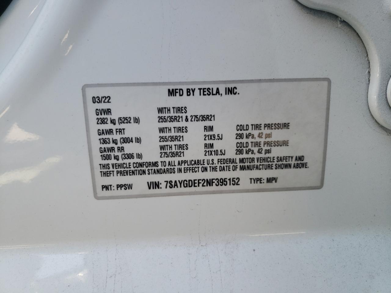 2022 TESLA MODEL Y VIN:7SAYGDEF2NF395152