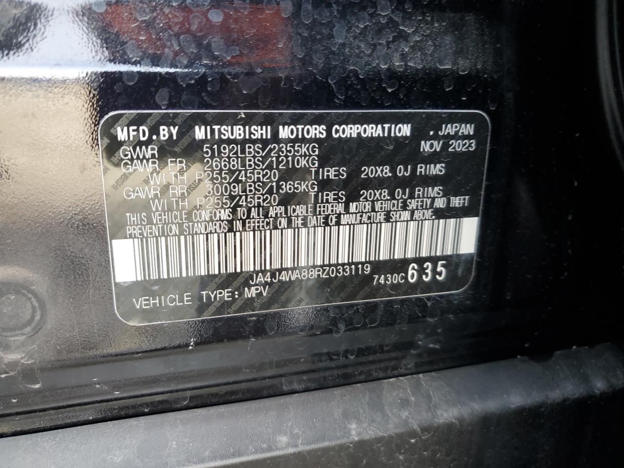 2024 MITSUBISHI OUTLANDER SEL VIN:JA4J4WA88RZ033119
