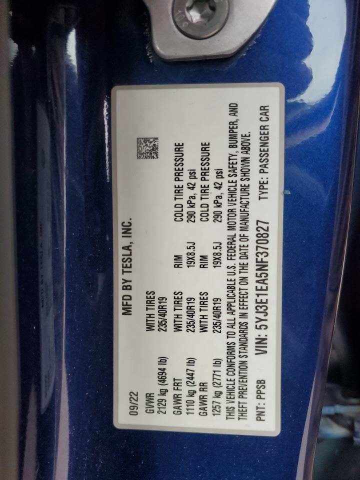 2022 TESLA MODEL 3 VIN:5YJ3E1EA5NF370827