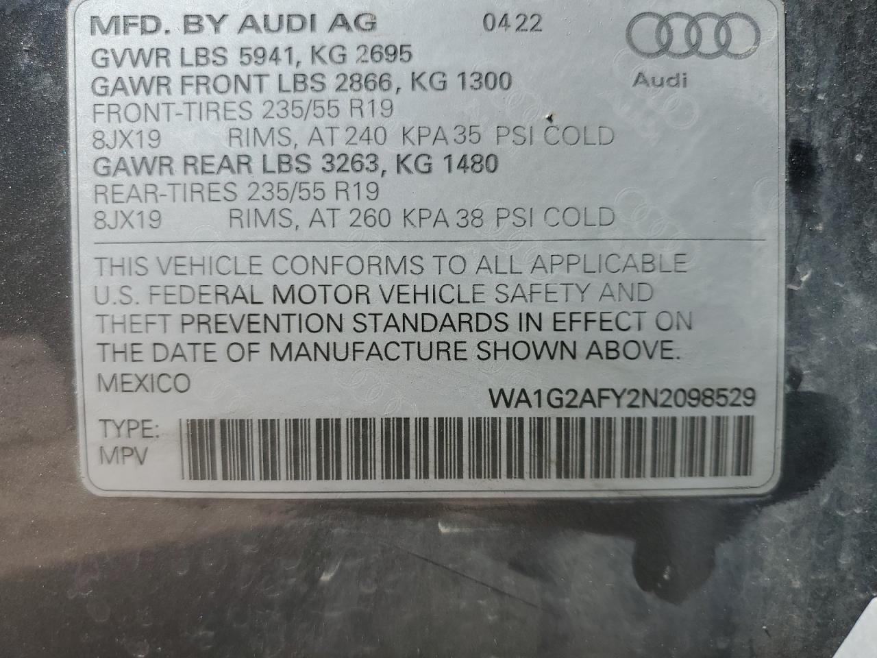 2022 AUDI Q5 E PREMIUM 55 VIN:WA1G2AFY2N2098529