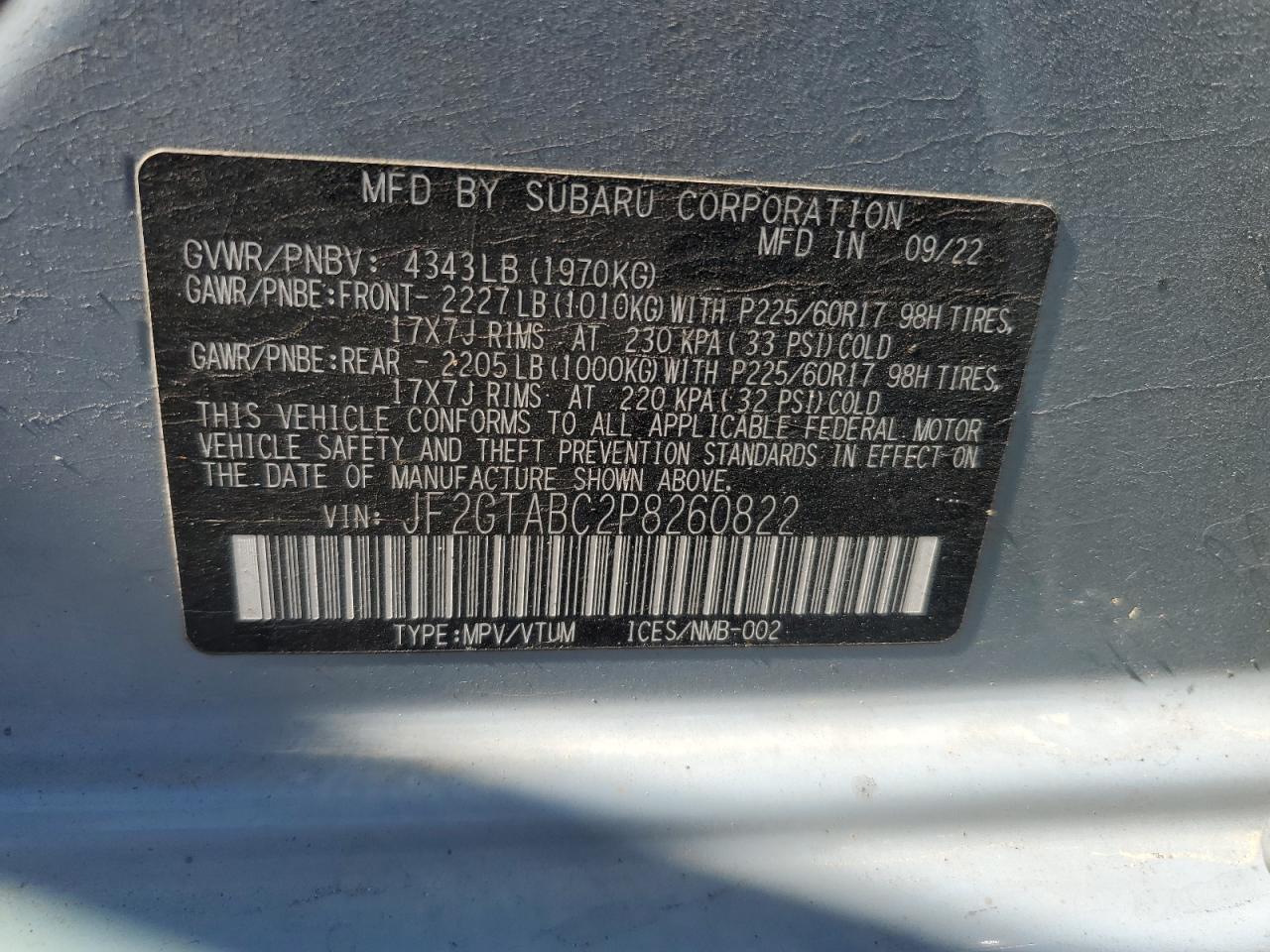 2023 SUBARU CROSSTREK VIN:JF2GTABC2P8260822