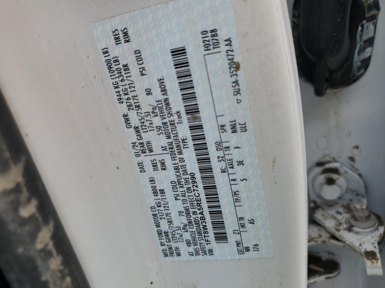 2024 FORD F350 SUPER DUTY VIN:1FT8W3BA5REC72990