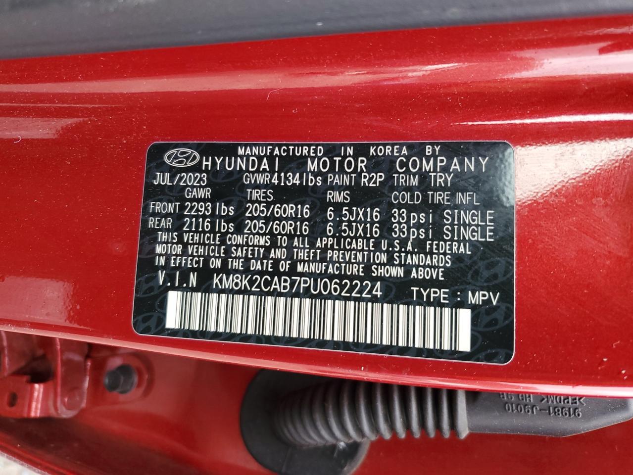 2023 HYUNDAI KONA SE VIN:KM8K2CAB7PU062224