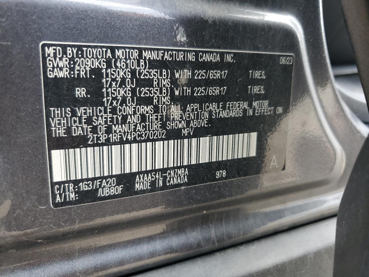 2023 TOYOTA RAV4 XLE VIN:2T3P1RFV4PC370202