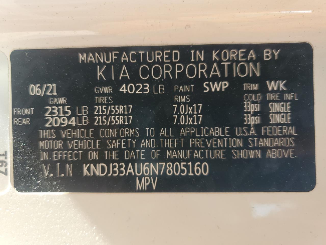 2022 KIA SOUL EX VIN:KNDJ33AU6N7805160