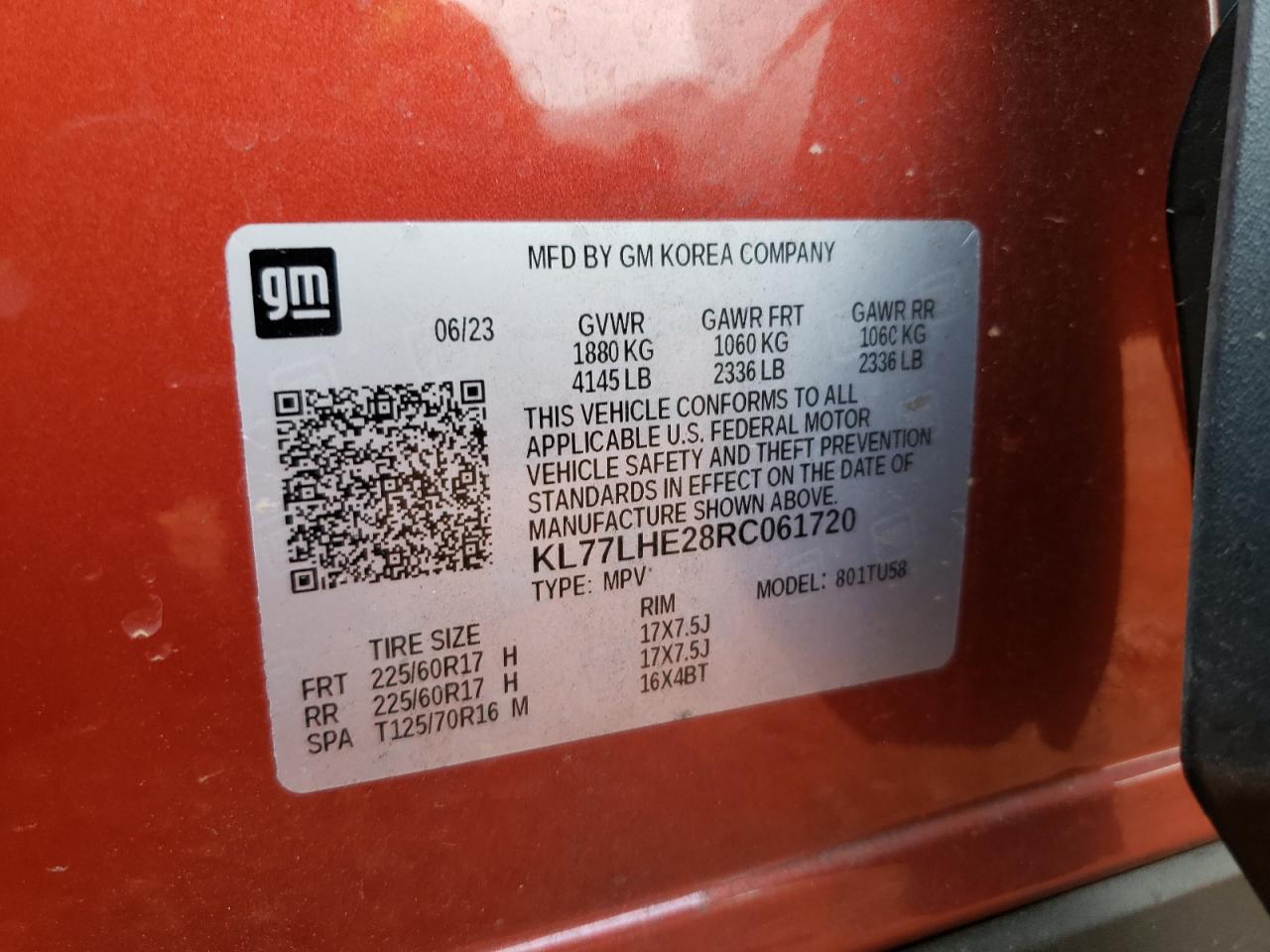 2024 CHEVROLET TRAX 1LT VIN:KL77LHE28RC061720