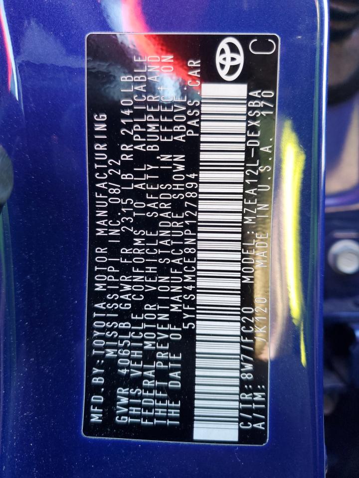 2022 TOYOTA COROLLA SE VIN:5YFS4MCE8NP127894