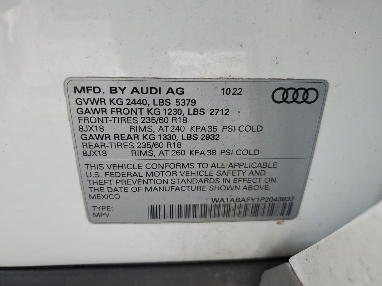 2023 AUDI Q5 PREMIUM 40 VIN:WA1ABAFY1P2043837