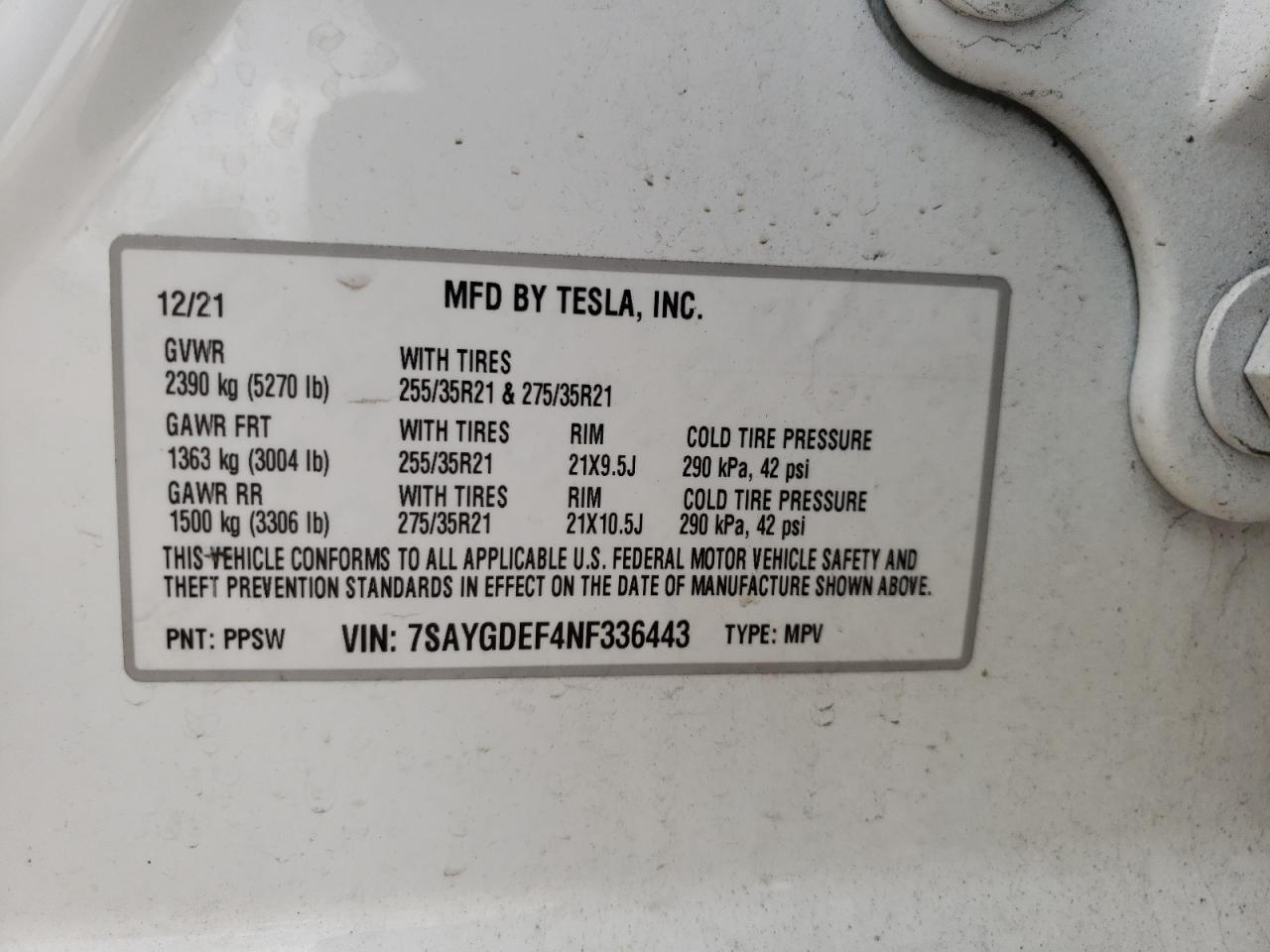 2022 TESLA MODEL Y VIN:7SAYGDEF4NF336443