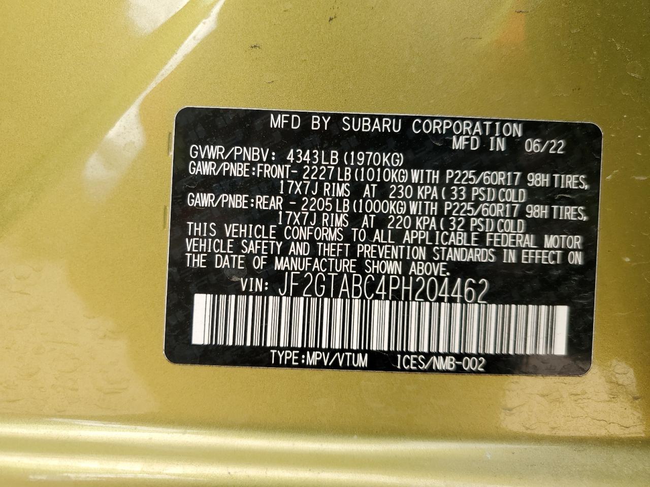 2023 SUBARU CROSSTREK VIN:JF2GTABC4PH204462